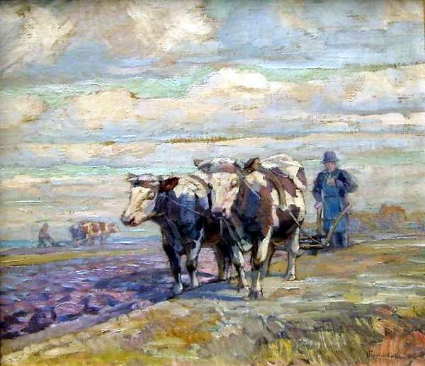 Nice landscape with Ox and farmer. 1930 72x65 - -  