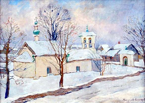 Winter landscape with a church. Oil on canvas. 51,9x69,5 - -  
