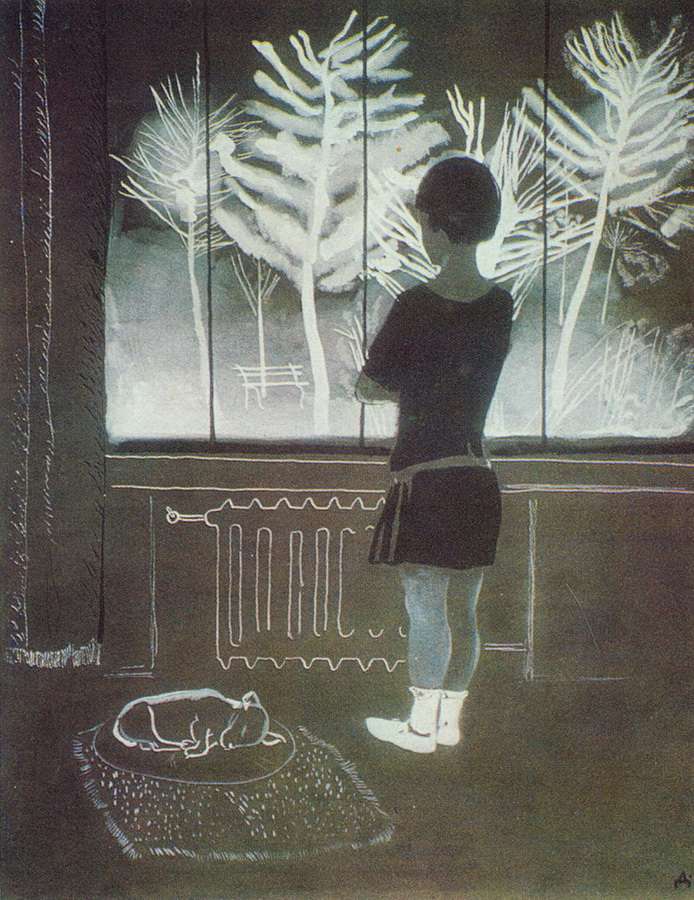 1931 Зима. Девочка у окна. Тушь, гуашь. ГТГ - Дейнека Александр Александрович