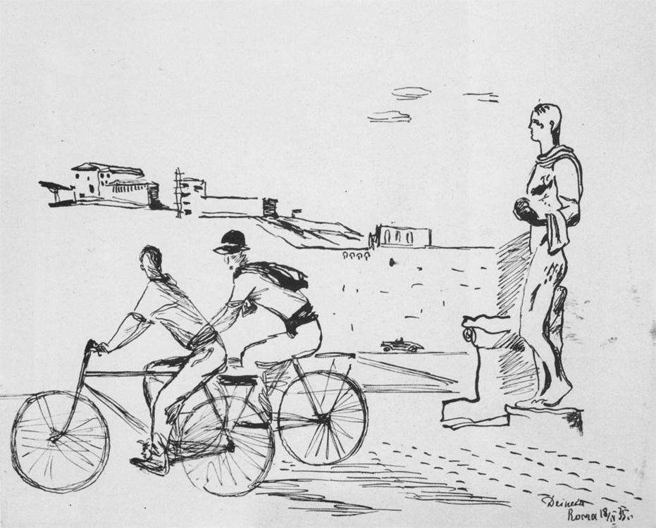 1935 Итальянские рабочие на велосипедах. Б., тушь, перо. 24,8х31,5 Ссх - Дейнека Александр Александрович