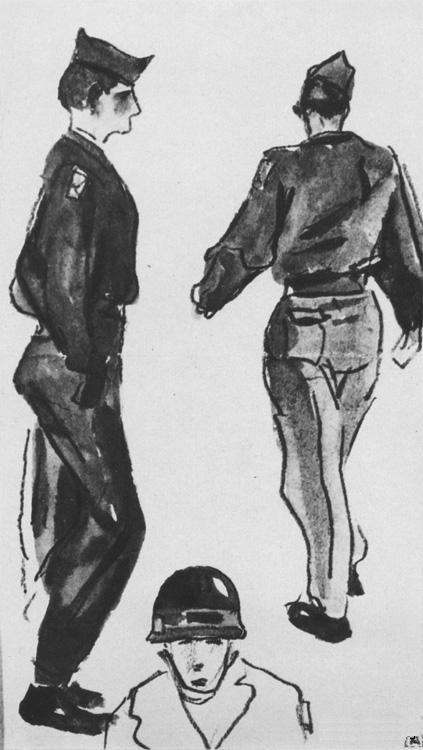 1947 Три наброска солдат в иностранной форме. Б., акв. 20x12 ГРМ - Дейнека Александр Александрович
