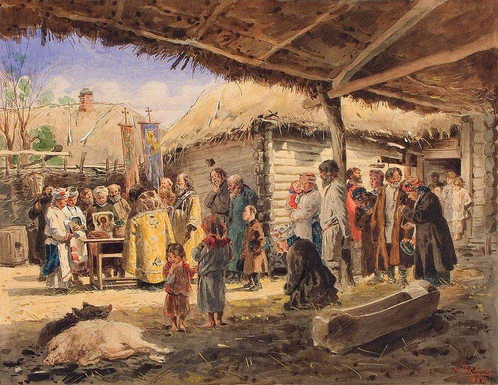 Молебен на крестьянском дворе в Малороссии. 1886 - Маковский Владимир Егорович