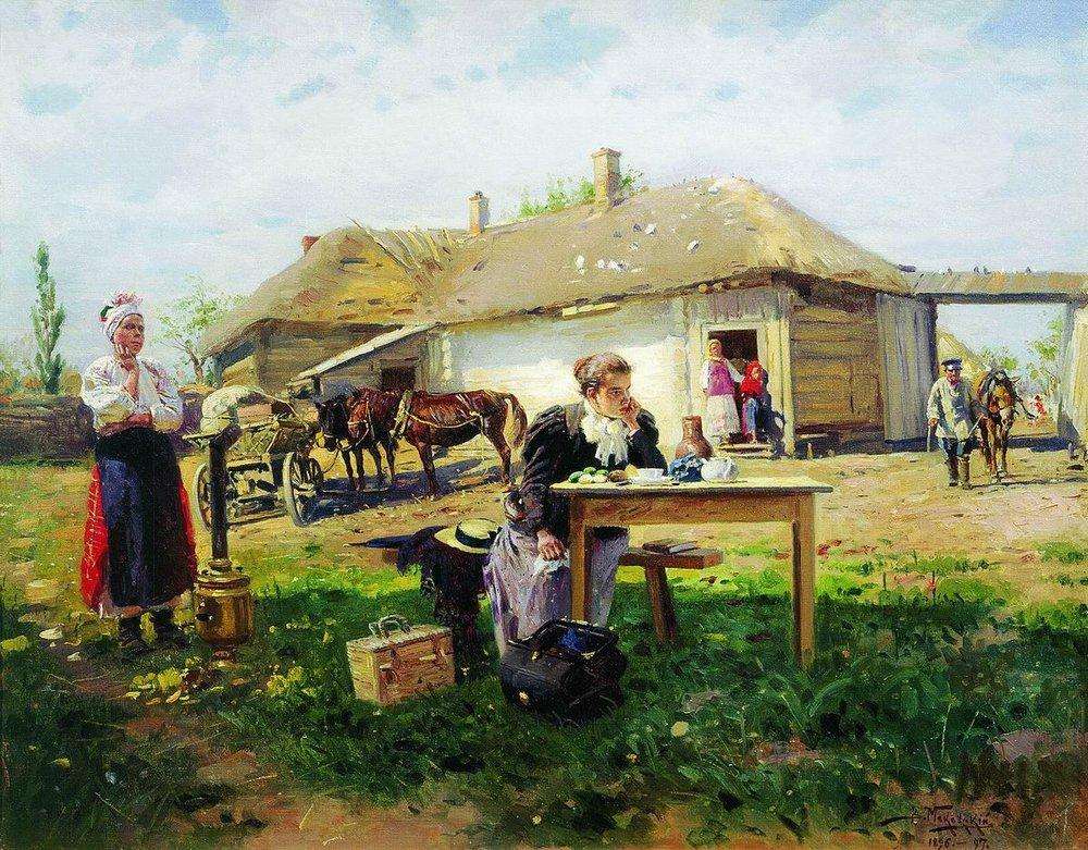 Приезд учительницы в деревню. 1896-1897 - Маковский Владимир Егорович