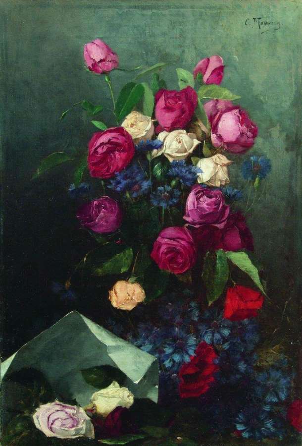 Натюрморт с розами и васильками. Вторая половина 1880-х - Маковский Константин Егорович