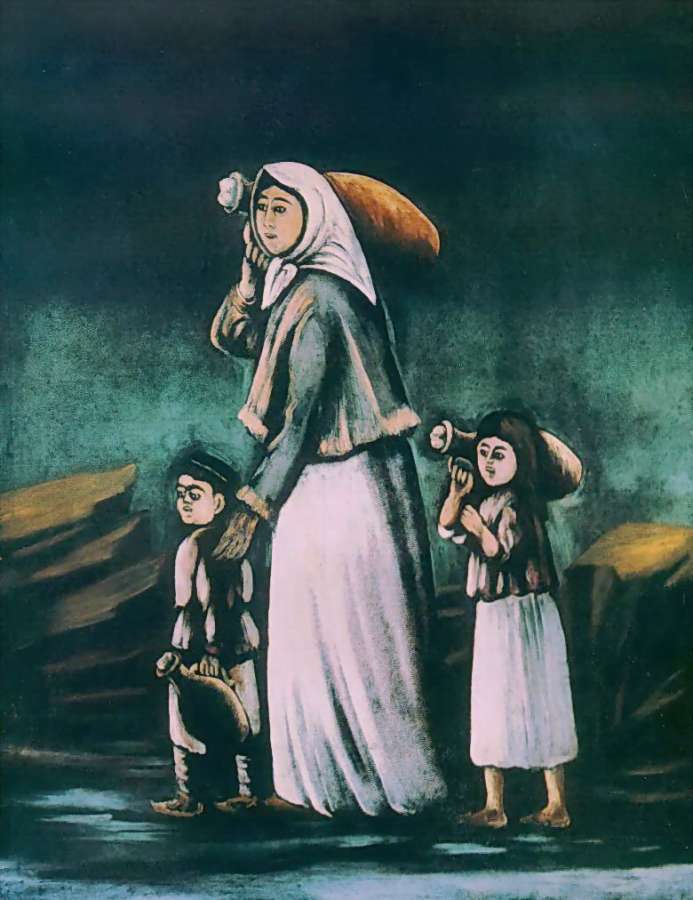 Женщина с детьми, идущие за водой. Клеенка, масло, 111x92 ГМИ Грузии, Тбилиси - Пиросманашвили Николай Асланович