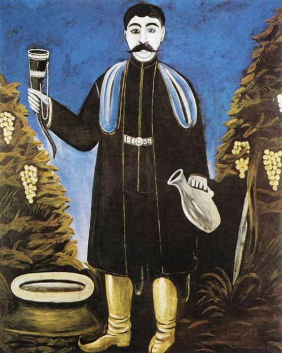 Мужчина с рогом, наполненным вином. Клеенка, масло. ГРМ - Пиросманашвили Николай Асланович