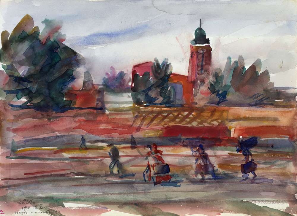 1960 Scene from the Train Window. The Station. Watercolour and pencil on paper, 28.5x39.5 -   