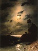 Морской пейзаж с обломками корабля под лунным светом - Айвазовский