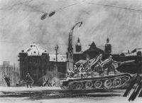1946-47 Танки идут на фронт. Белорусский вокзал. Б., гуашь, темп., уголь. 63х75 ГТГ - Дейнека