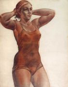 1951 The girl, knotted ribbon on his head. Sketch a picture «Bather». Paper, sanguine, charcoal, 99х79 Private coll. - Дейнека