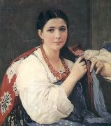 Девушка, заплетающая косу. 1880 Холст, масло. КМРИ - Корзухин