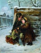 Маленькие шарманщики у забора зимой. 1868 - Маковский