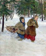 Дети везут дрова зимой по снегу. Холст, масло 80.5x68.5 - Богданов-Бельский