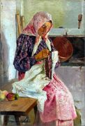 Женщина, вышивающая платок. Oil on canvas. 59.5x40 - Богданов-Бельский