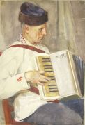 Латышский баянист. Бумага, акварель, карандаш, 1928 - Богданов-Бельский
