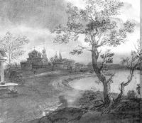 Пейзаж с рекой в лунную ночь. 1810-е. Б., ит. к., тушь, бел. 23х51.5. ГТГ - Кипренский