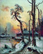 Зимний пейзаж с рекой и домами. 1914 - Клевер