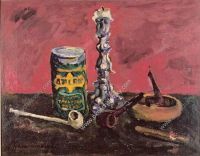 1947 Натюрморт. Подсвечник и трубка на красном фоне. 49,6х61,7 - Кончаловский