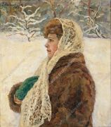 1953 Портрет Натальи Петровны Кончаловской, дочери художника. На фоне зимнего пейзажа. 80х71 - Кончаловский