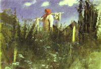 Девочка с бельем на коромысле среди травы. 1874 - Крамской