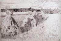 Сжатое поле со снопами. 1905 - Кустодиев