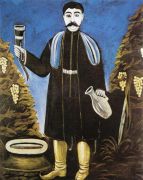 Мужчина с рогом, наполненным вином. Клеенка, масло. ГРМ - Пиросманашвили