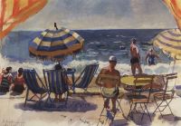 Ментона. Пляж с зонтиками. 1931 - Серебрякова