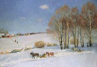 1915 Зимний пейзаж с санями, запряженными лошадьми. (1915 q). Х., м. 63,5x88,5 - Юон
